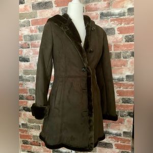 Jones New York Brown Faux Suede, Faux Fur-lined Coat with Hood, XS